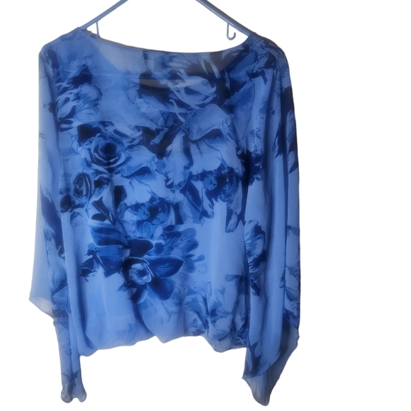 Alfani women's blue floral high-low sleeves overlay top size L - Picture 5 of 6